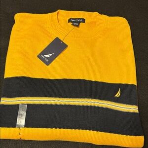 Nautica yellow with navy and faint grey stripes

tags.